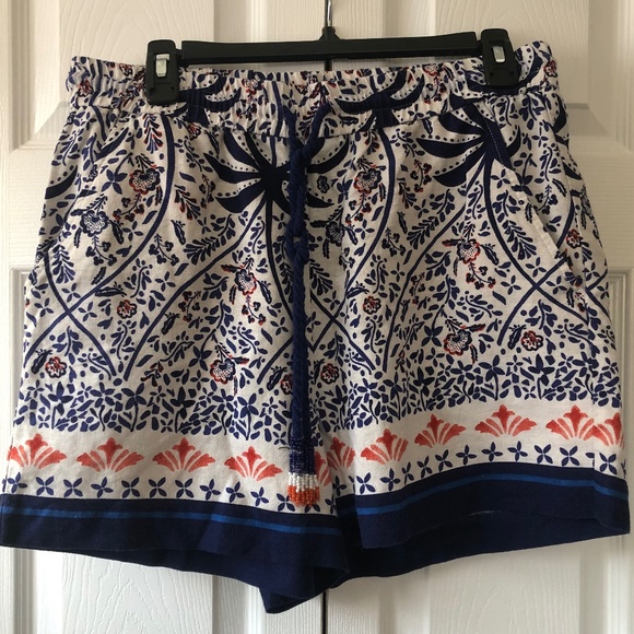 Joie Pants - Joie Boho Linen Blend Floral Shorts Blue White Beaded Tassel Women’s SizeL